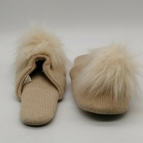 Express Womens Slip On Scuff Slippers Beige Knit Faux Fur Pom Pom S 5-6‎ - Picture 3 of 9